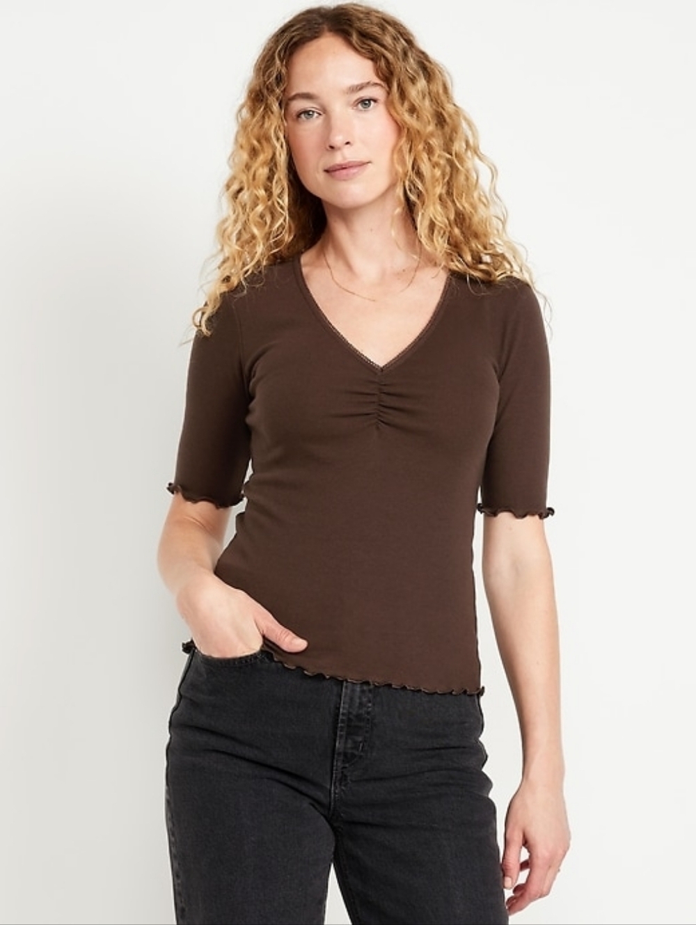 Old Navy Brown V-Neck Ribbed Short Sleeve Tee